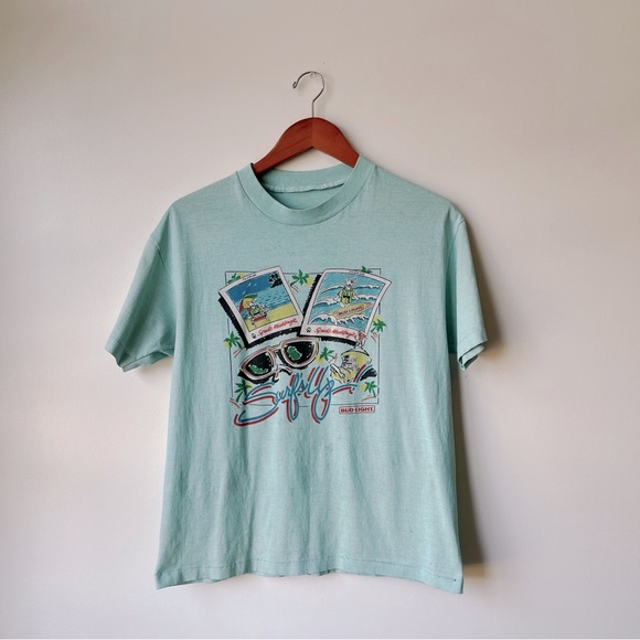 Vintage 1986 Spuds Mackenzie Surf's Up Bud Light T-Shirt Green l Unisex Graphic - Picture 2 of 5